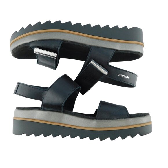 MEPHISTO Black Leather Strap Lug Sole Platform Sling Sandals 37 - Picture 4 of 8